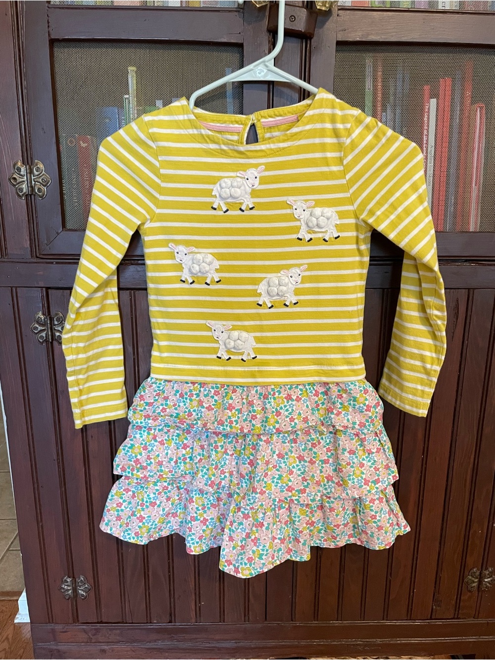 Girls Yellow Striped Lamb Appliqué Long-Sleeve Dress with Floral Ruffle Skirt